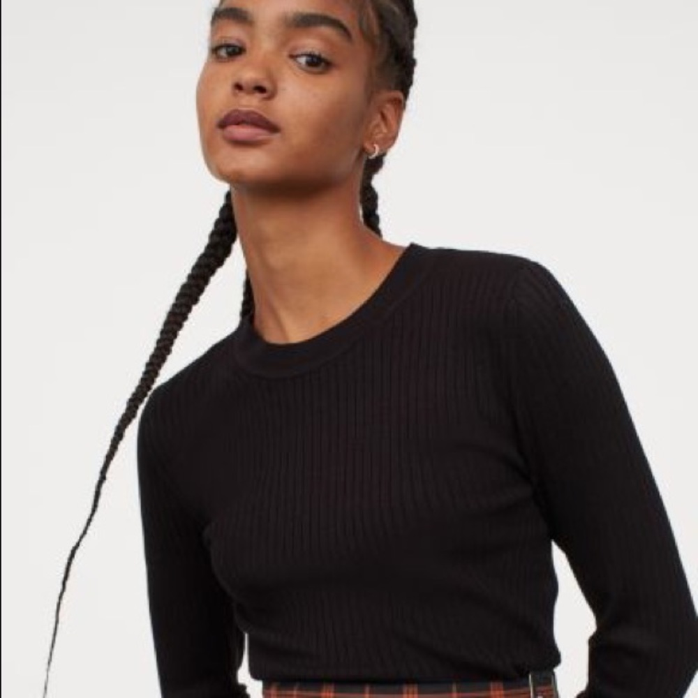 Ribbed Knit Sweater Long Sleeve Black Top
